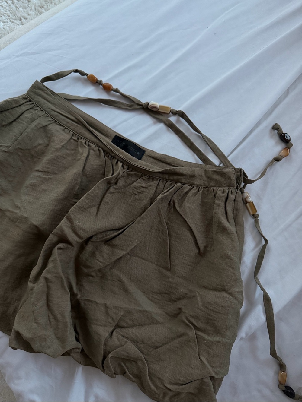 Zara Olive-Tone Beaded Drawstring Skort